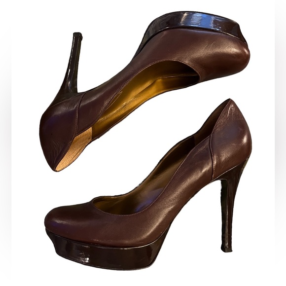 #32 GUESS Dark Brown Vegan Leather Platform Heels w/ Faux Leather Sz 10 EUC - Picture 2 of 16